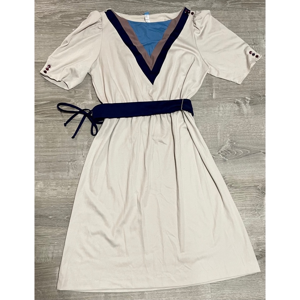 Vintage Tan Tie Waist Midi Dress Size 16